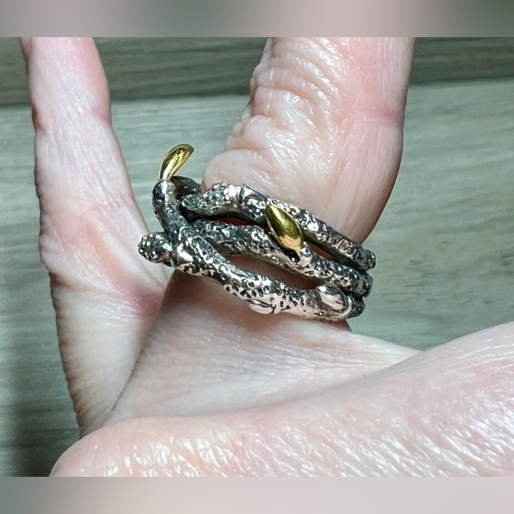 Stephen Dweck Diamonds Sterling Silver & Gold Triple Fortuna Branch Ring, Size 5 - Picture 9 of 10